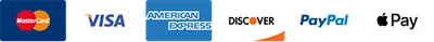 We Accept Visa, Mastercard, American Express, Discover, PayPal, and Apple Pay